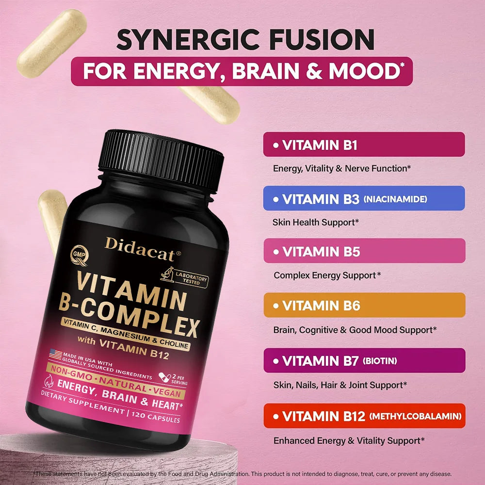 Vitamin B Complex for Men & Women - Riboflavin B2,B12,B1,B3,B5,B6,B7,B8,B9,Vitamin C, Choline, Inositol - Brain & Heart Support