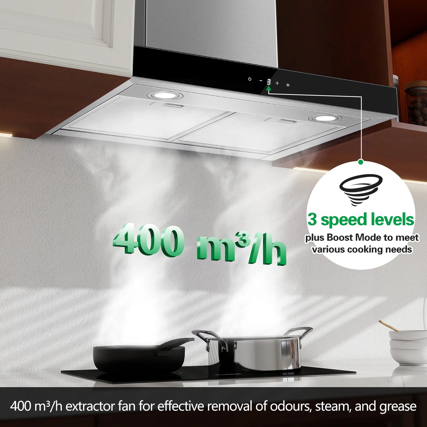 Topstrong 60cm Wall Mounted 400m³/h A+++ LED Touch Control Stainless Steel Extractor Fan Quiet 52dB Kitchen Hood