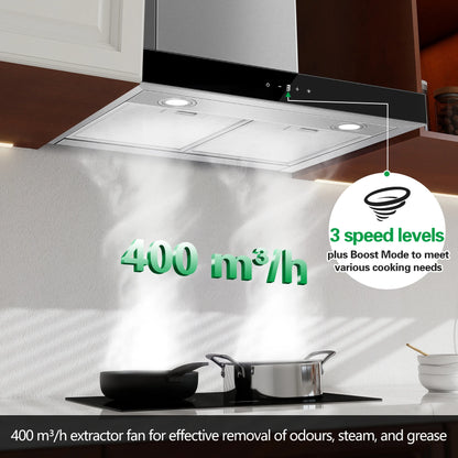 Topstrong 60cm Wall Mounted 400m³/h A+++ LED Touch Control Stainless Steel Extractor Fan Quiet 52dB Kitchen Hood