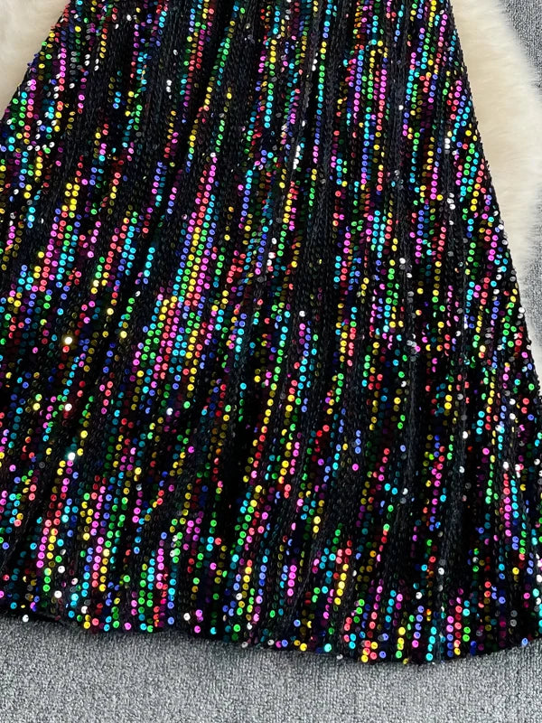 Spring Autumn Korean Sle High Waist Slimming Midi Length Knee-Over A-Line Skirt Faionable Elastic Waist iny Sequins Ful...
