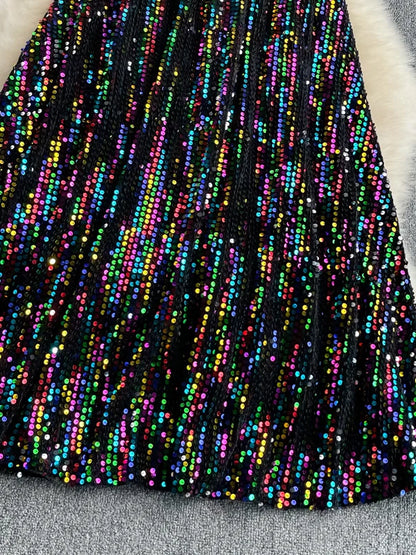 Spring Autumn Korean Sle High Waist Slimming Midi Length Knee-Over A-Line Skirt Faionable Elastic Waist iny Sequins Ful...