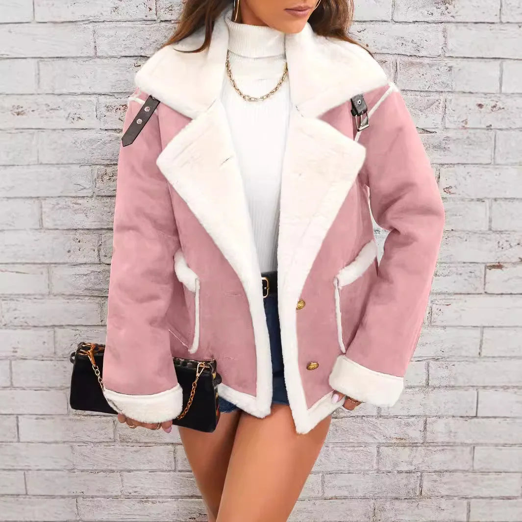 Women Shearling Jacket Casual Short Coat Y2k Turn Down Collar Long Coats Single Breasted Loose Street Wear Thick 2025 Winter