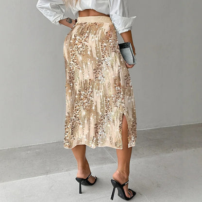 Elegant Mini Dresses Women Fashion Dress Version Sparkling Elastic Waist Side Split Casual High Waist Party Half Skirt 2024 Fall