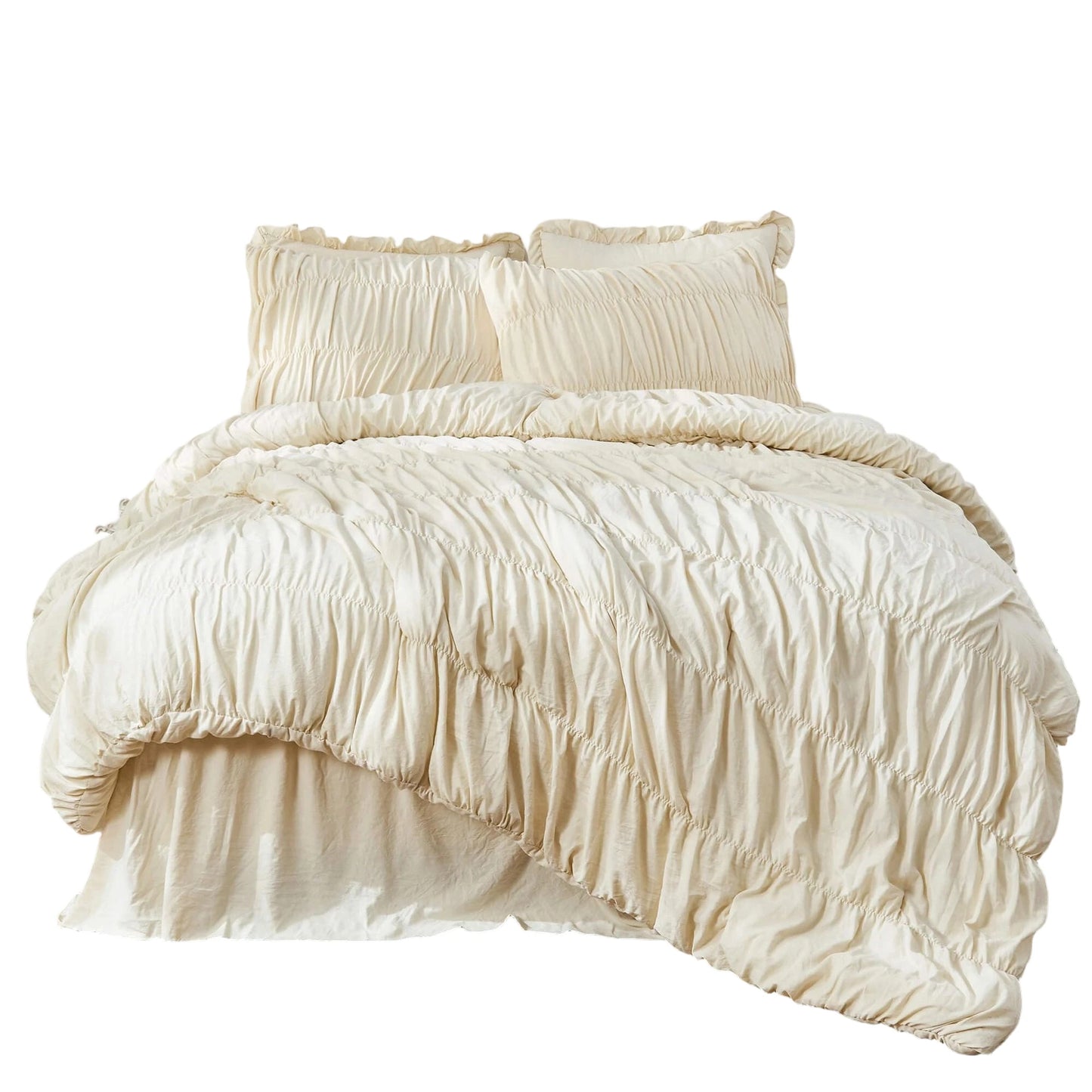 Ruched Comforter Luxury Pinch Pleat Bedding Set, Ultra Soft Washed Cotton Boho Quilt Set with Ruffled Pillow Shams 3-Piece