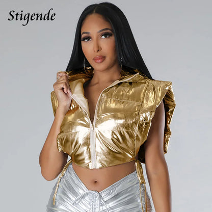 Stigende Golden Puffer Vest Parkas Women Zipper Shiny Hooded Waistcoat Bandage Side Split Sleeveless Crop Tank Tops Coat Jacket