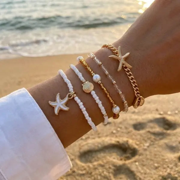 Cute Coral Starfish Shell Multi-Layer Bracelet for Women Ocean Series Fashion Stackable Beaded Jewelry Accessories
