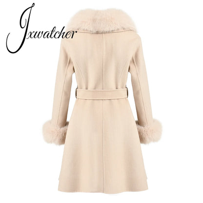 Jxwatcher Winter Cashmere Coat For Women Removable Natural Fox Fur Collar And Cuff Aautumn Ladies Fashion Streewear Long Outwear