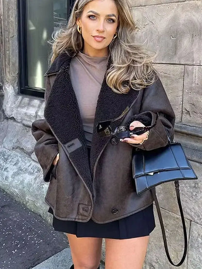 HH Winter Vintage Leather Fur Thick Warm Jackets For Women Long Sleeves Single Breasted Lapel Pockets Street Fashion Coats