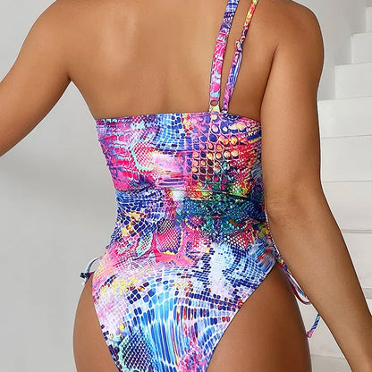 Women's Colorful Printed One-Shoulder Side Drawstring Swimsuit, Beach Bikini, New