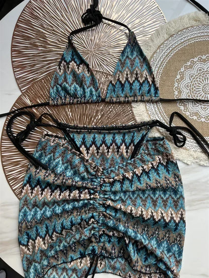 2025 Women Swimsuit Colored Maple Leaves Knitted Bikini Skirt Three-Piece Set Split Swimsuit Bikini
