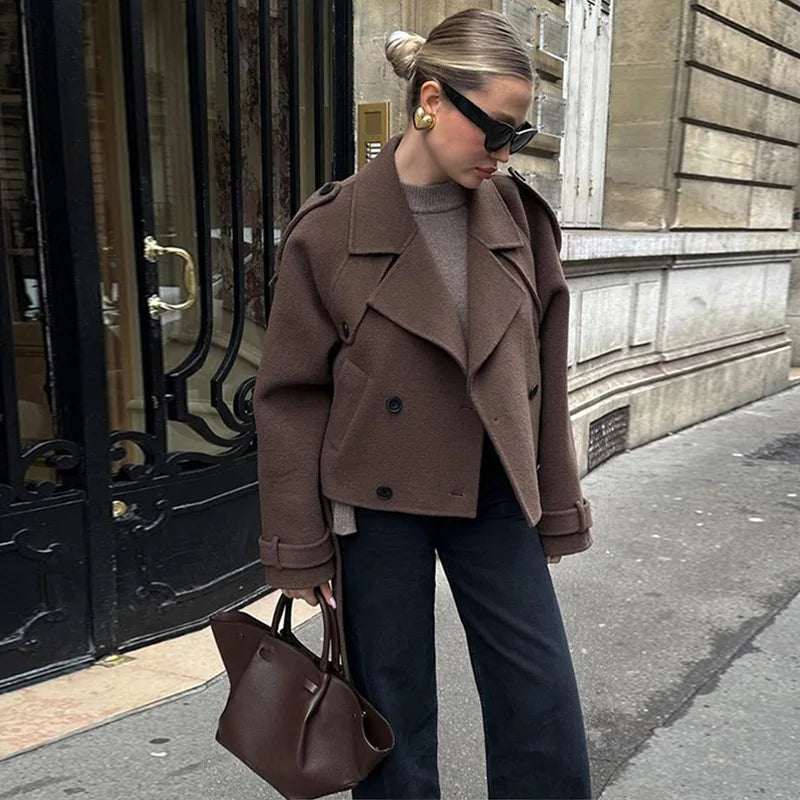 Street Women's Woolen Overcoat With Belt Loose Lapel Double Breasted Full Sleeve Long Coats 2025 Autumn Winter Lady Trench Coat