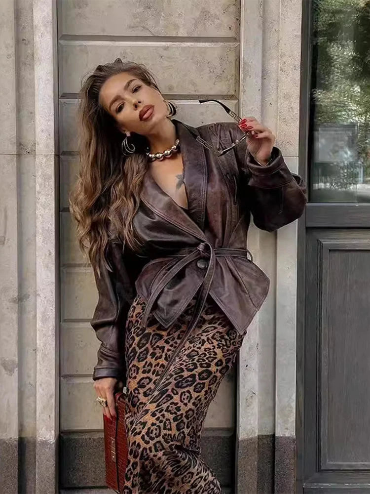 Street Solid Color Lace Up Leather Jacket Woman Waist Cinching Long Sleeves Lapel Coat Casual Versatile Women's New Chic Jackets