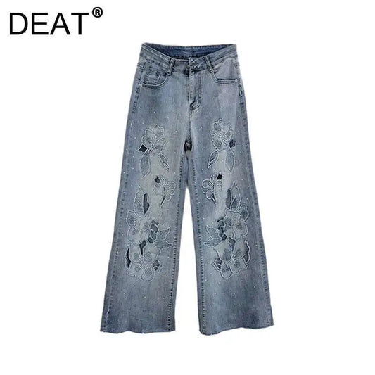 DEAT Women's Jeans High Waist Embroidery Flowers Burrs Edge Straight Wide Leg Denim Pants 2026 New Fashion Summer 29L9973