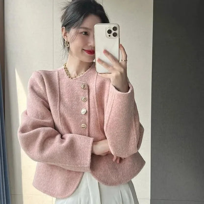 Women's New Round Neck Single-breasted Double-sided Tweed Coat Fashionable Casual and Versatile Elegant Top