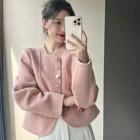 Women's New Round Neck Single-breasted Double-sided Tweed Coat Fashionable Casual and Versatile Elegant Top