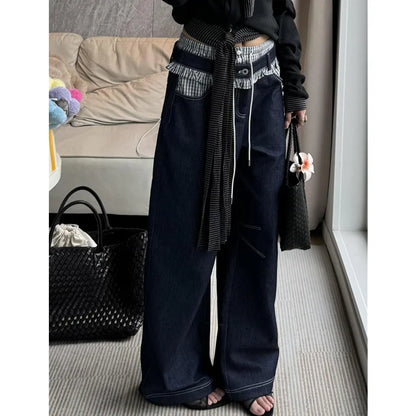 Blue Womens Jeans High Waist Vintage Design Hip Hop Straight Baggy Denim Pants Street Y2K American Style Wide Leg Denim Trouser