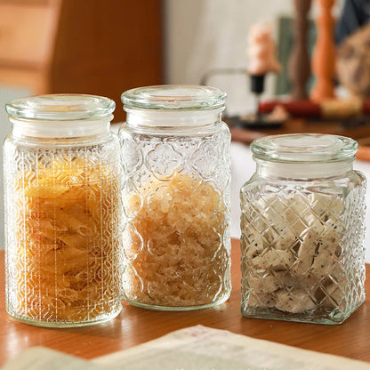 Retro Transparent Glass Sealed Jar Glass Lid Storage Jar Begonia Flower Glass Bottle Candy Storage Jar Kitchen Storage Supplies