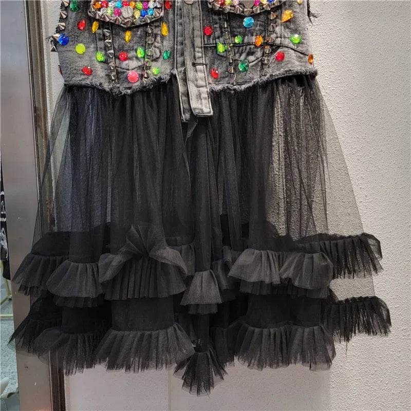 Women Rainbow Color Diamonds Beaded Mesh Ruffles Splice Jeans Jacket Multi-layers Mesh Rhinestone Denim Vests Cardigan Tank Tops