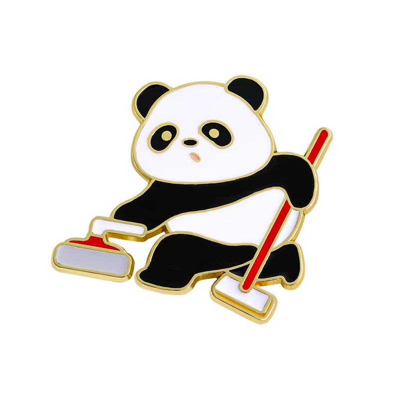 6 Styles Funny Winter Sports Panda Design Enamel Brooches Cartoon Animal Playing Skiing Fancy Speed Skating Curling Golden Pins