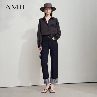 AMII Jeans Pants Women 2025 Autumn New Elegant Ladies Clothes Casual Loose Straight Embroidery Women's Denim Pants 12543032