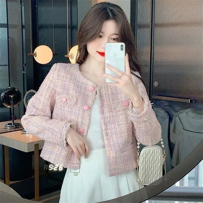 Women's Jacket 2024 Spring Autumn New Pink Tweed Small Fragrance Coat Short Jacket Korean Fashion Elegant Female Outerwear Tops