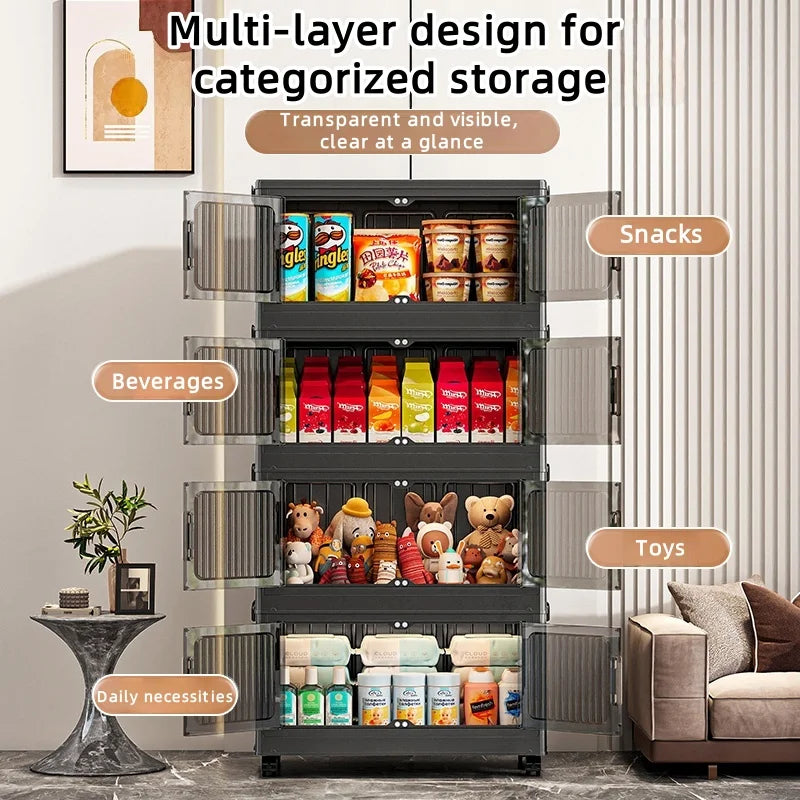 Foldable Clear Double-Door Storage Cabinet Large Space-Saving Mobile Organizer Dustproof Moisture-Proof for Kitchen Living Room