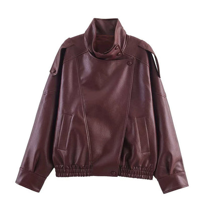 Vintage Stand Neck Leather Jacket Women Solid Motorcycle Style Asymmetry Elastic Hem Loose Cropped Jackets Lady New Outwear 2026