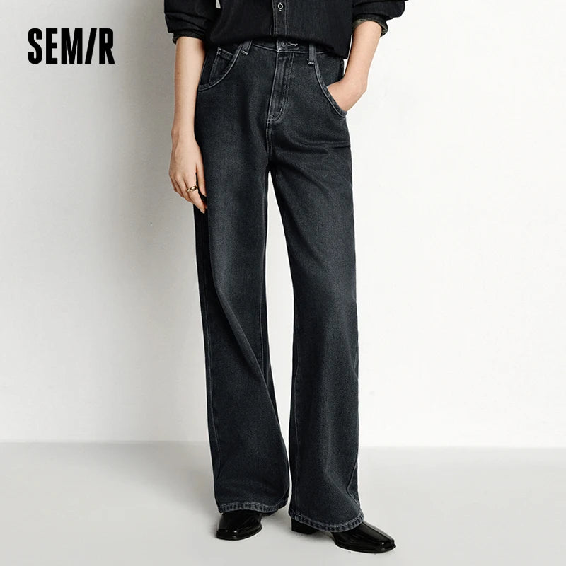 Semir Jeans Women Frayed Trousers 2024 Winter New Loose Straight Leg Pants Denim Trousers