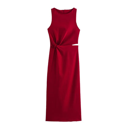 HH Women Summer Crop Waist Opening Folds Design Midi Dress Female Fashion O-Neck Back Zipper Sleeveless 3 Color Slim Dresses