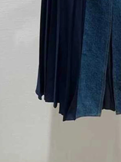 Popular New Autumn and Winter Front Split Denim Patchwork Pleated Skirt Long Skirt for Women