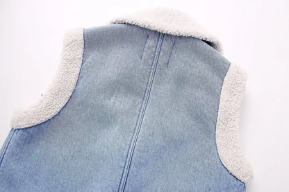 New Women Fashion Turn Down Collar Lamb PatchworkWashed Denim Vest Jacket Female Sleeveless Pockets WaistCoat Tops CT5477