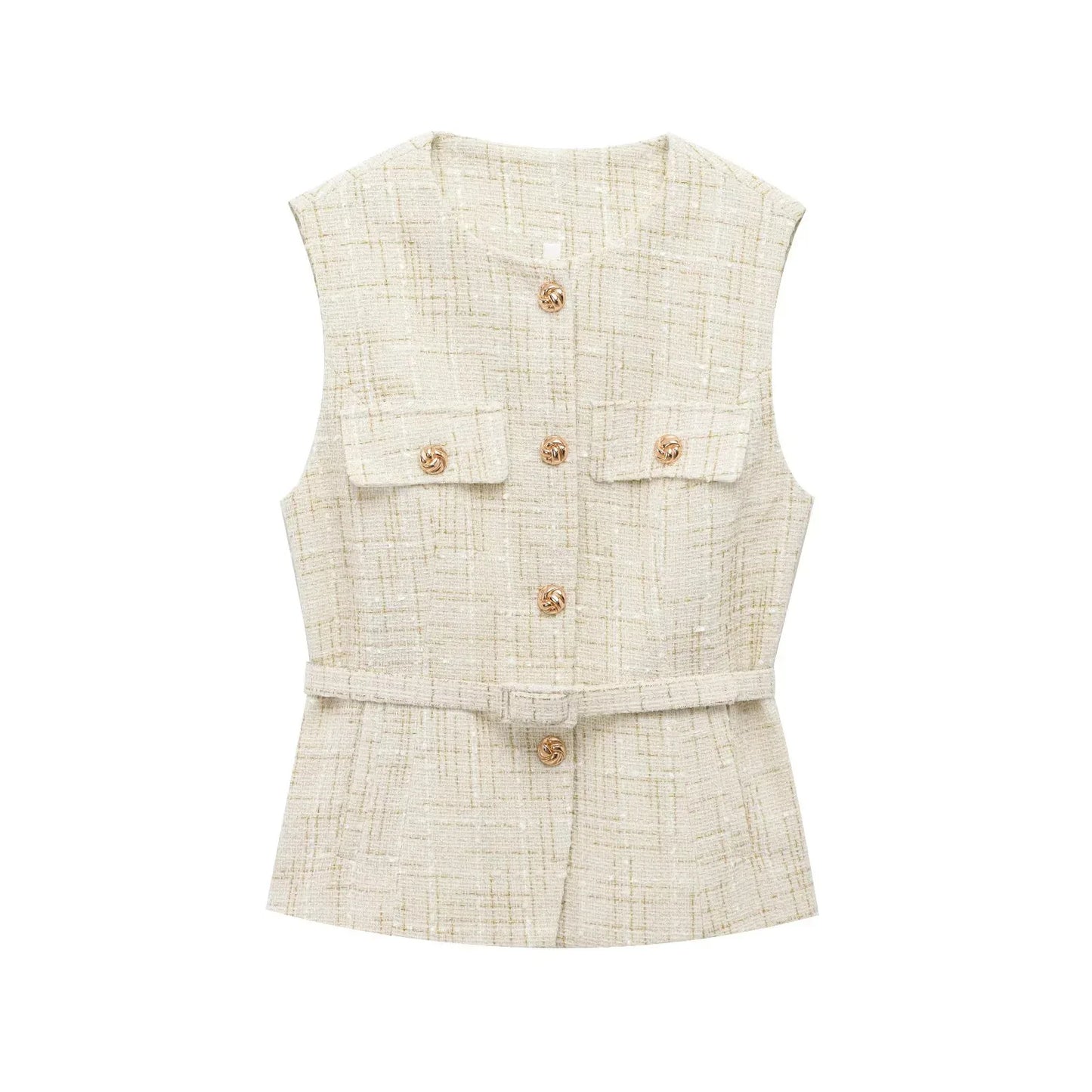 TRAF Women Sequin Tweed Vest New Fashion With Belt Vests for Women 2025 Autumn Sleeveless Coat Streetwear Chic Waistcoat Tops