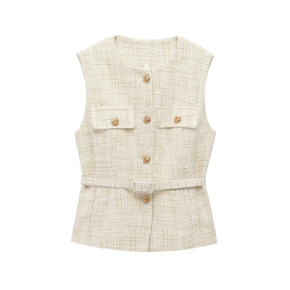 TRAF Women Sequin Tweed Vest New Fashion With Belt Vests for Women 2025 Autumn Sleeveless Coat Streetwear Chic Waistcoat Tops