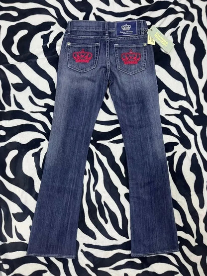 Streetwear New Fashion Red Crown Embroidered Baggy Jeans Women Y2K Gothic Harajuku Hip Hop Popular Casual Joker Couple Jeans