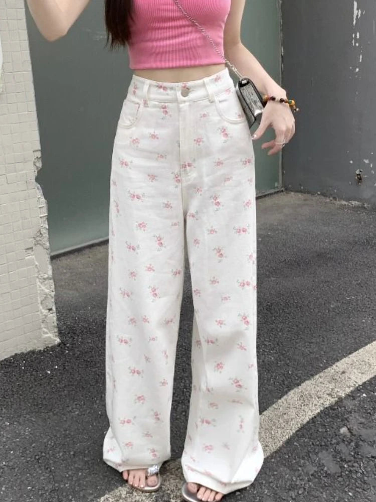 White Floral Jeans for Women Simple High Waist Y2k Cute Youth Spring Autumn Popular Holiday Loose Basic Chic Aesthetic Mopping