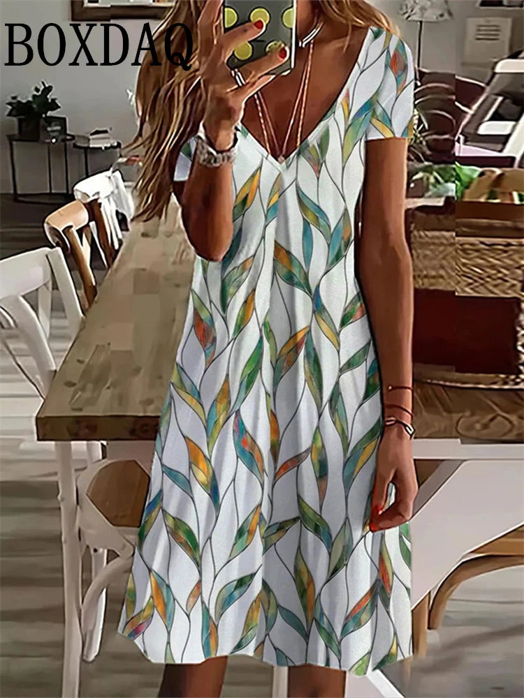 Women's Sundress Midi Dress Short Sleeve Floral Print Summer Casual V Neck Loose Dresses Plus Size 2024 Female Clothing Vestidos