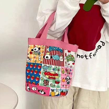 Casual Canvas Bucket Bag Tote Women Handbags Cartoon Print Lunch Bag Shopper Bag School Bag