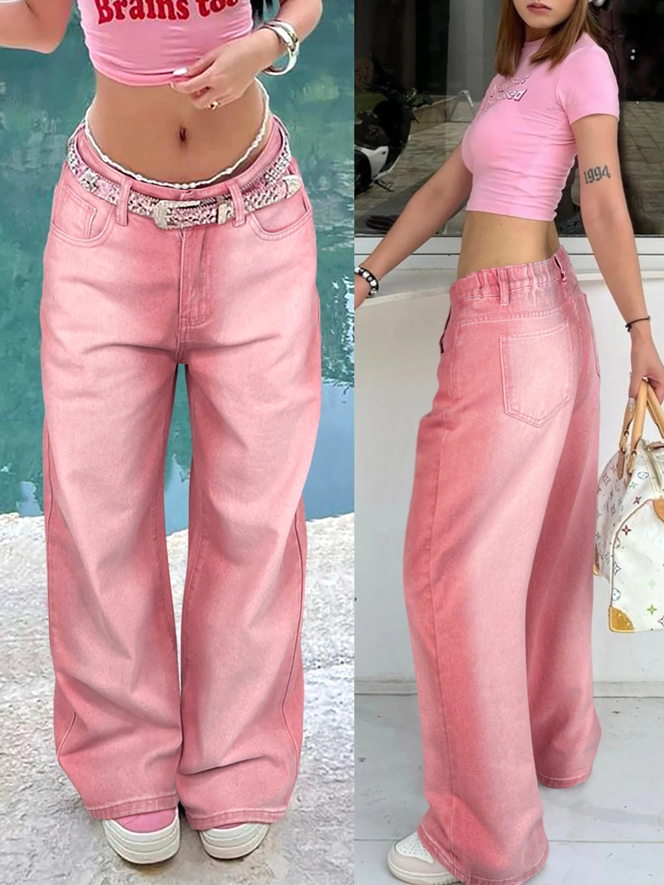 Street Pink Solid Gradient Washed Wide-Leg Jeans Mid-Rise Slant Pockets Suitable For Casual Everyday Streetwear All Season Match