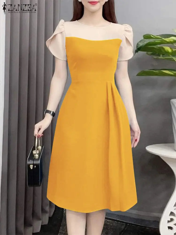ZANZEA Elegant Women Waist Dress 2024 Summer Patchwork Round Neck Vestidos Fashion Petal Short Sleeves Dress Vintage Office Robe