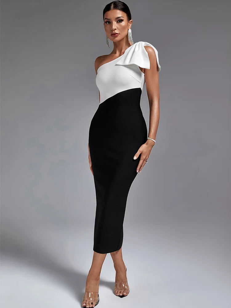 Long Bandage Dress Women One Shoulder Party Dress Maxi Bodycon Elegant Color Block Sexy Birthday Evening Club Outfit Summer 2023