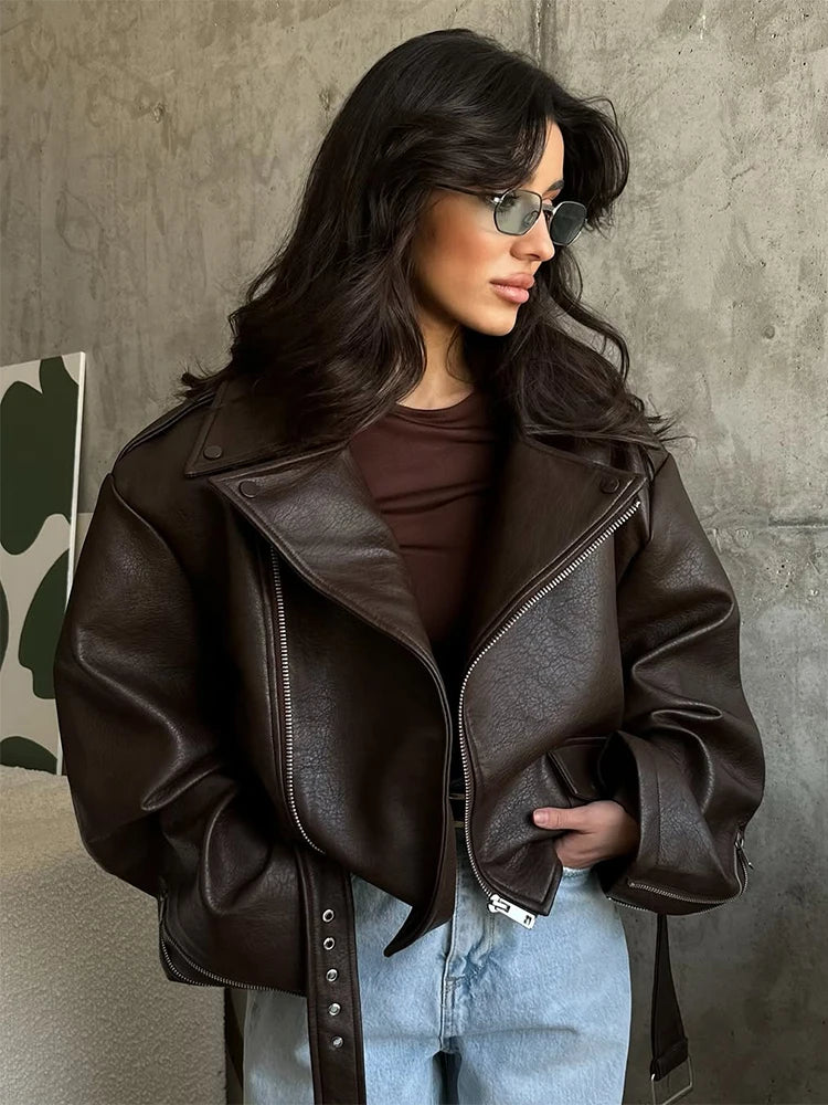 Women Wine Red Lapel Leather Jacket Fashion Full Sleeve Collar Zipper Elastic Waist Coat 2025 Casual Autumn Daily Office Outwear