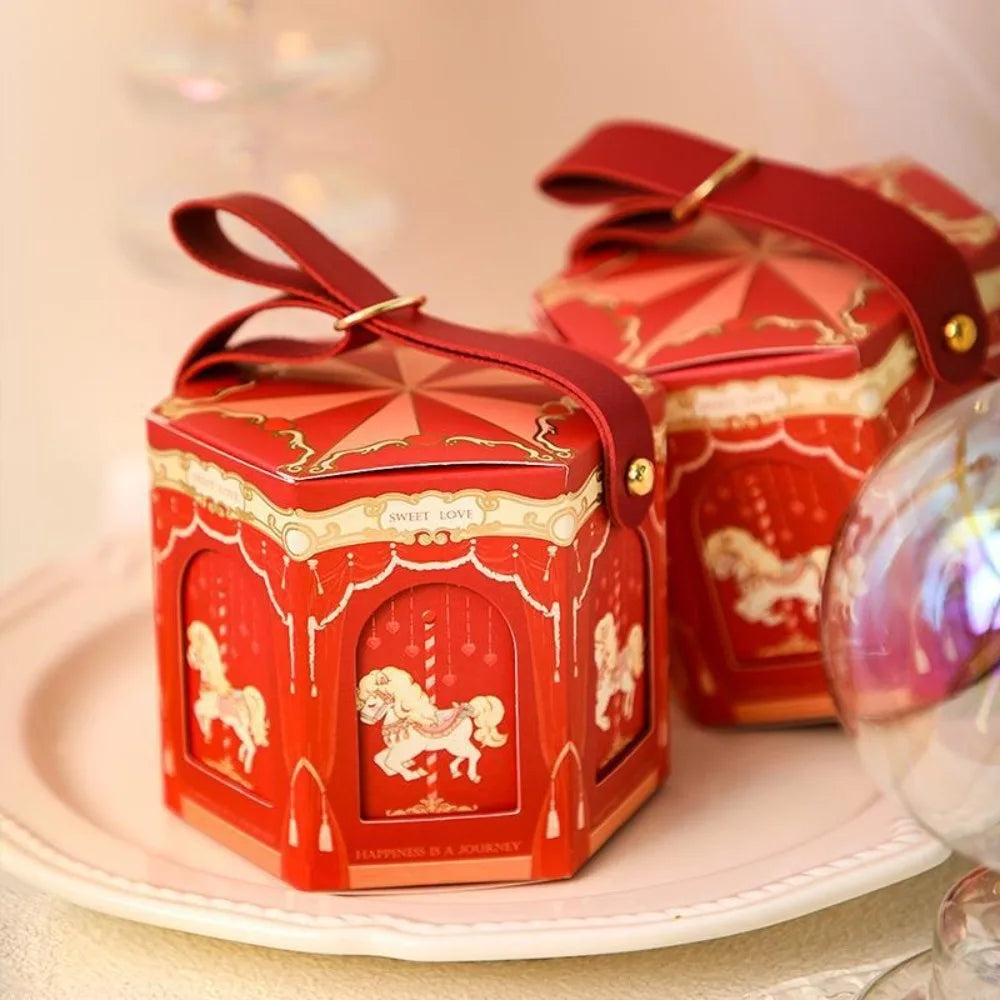 Beautiful Carousel Gift Box Leather Handle Wedding Candy Box Elegant Handheld Gift Bag Birthday Candy Tote Bag Decoration
