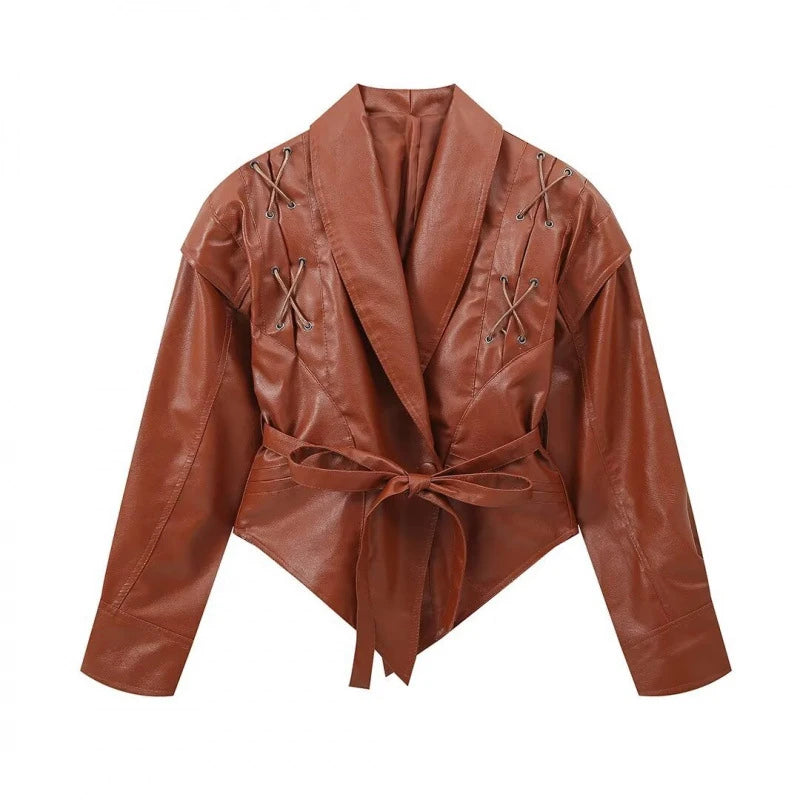 Street Solid Color Lace Up Leather Jacket Woman Waist Cinching Long Sleeves Lapel Coat Casual Versatile Women's New Chic Jackets