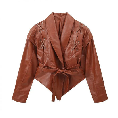 Street Solid Color Lace Up Leather Jacket Woman Waist Cinching Long Sleeves Lapel Coat Casual Versatile Women's New Chic Jackets