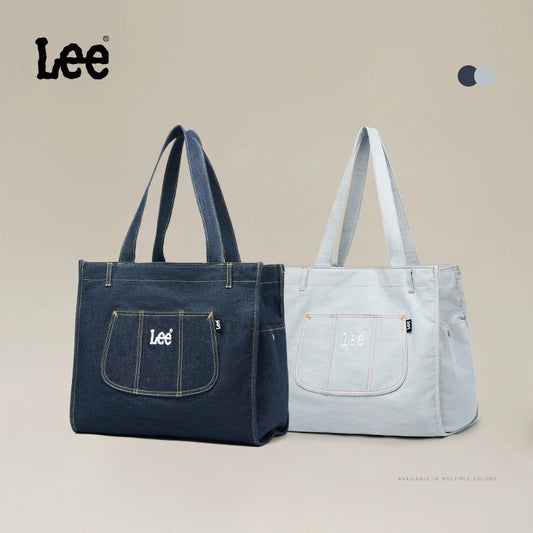 LEE Multiple Pockets Large Capacity Denim Tote Bag Women Trend Commuting Work Shopping Ladies Jeans Handbag Utility Traveling