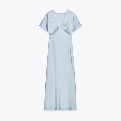 Elegant Satin Solid Long Dress Women V-neck Short Sleeve Pleated Slim High Waist Dresses 2025 Summer Lady Party Evening Robes