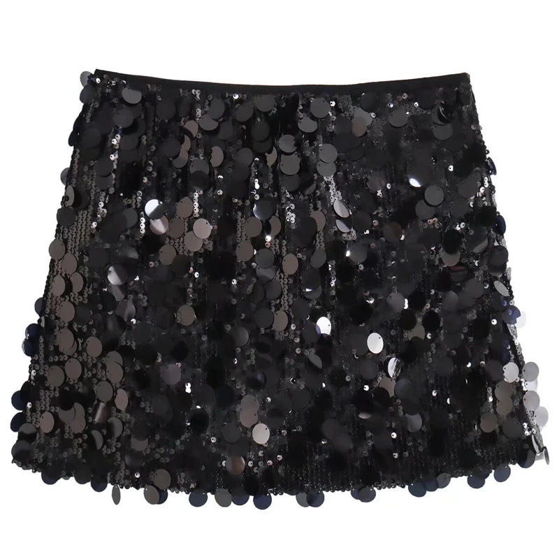 HXAO Women 2024 Sequin Dance Skirt Women's Skirt Summer High Waist Mini Skirts Shiny Silver Black A Line Skirt Chic Sexy Skirts