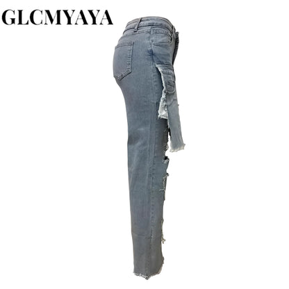GLCMYAYA Women's Straight Ripped  Jeans 2025 New Fashion Street Pocket Patchwork Sexy Long Pants Trousers Blue Vintage Pants