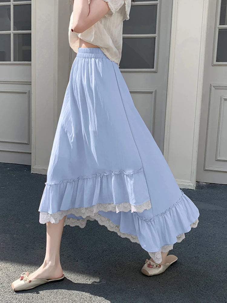 Zoki Korean Pink Long Skirt Women Sweet Vintage High Waist Preppy Style Skirt Casual Loose Lace Patchwork Irregular Long Skirts