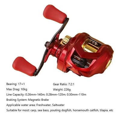 Metal Casting Baitcasting Reel 7.2:1 Gear Ratio 10Kg Max Drag Fishing Reel 10 Gear Magnetirc Brake Quick Reaction Operation